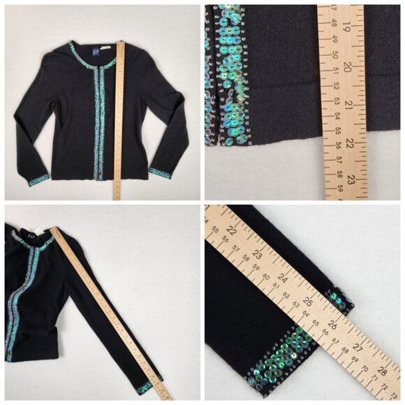 GAP Sequined Cardigan Angora Wool Cotton Blend Size S Black Blue - Picture 8 of 8